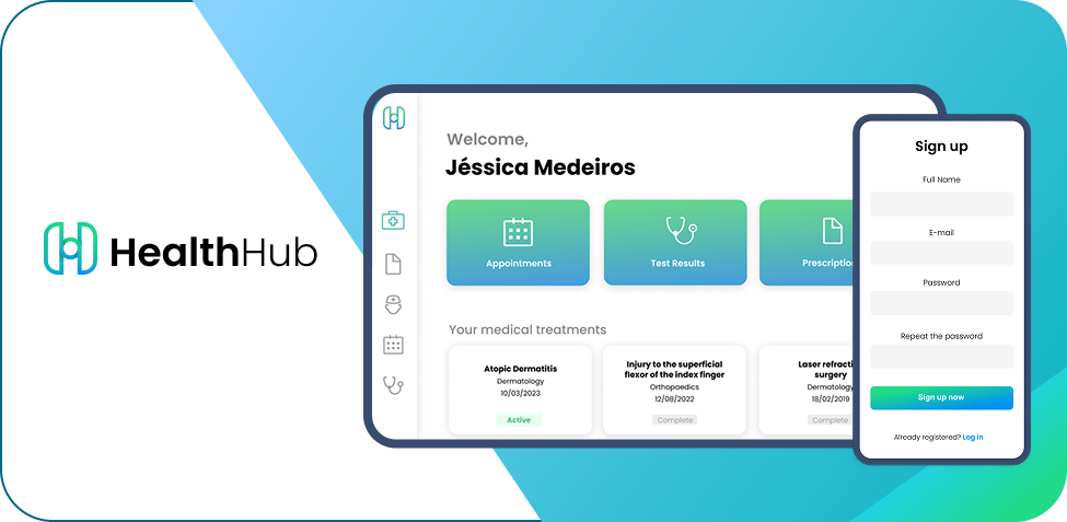 FIAP HealthHub mobile interface showing patient management features