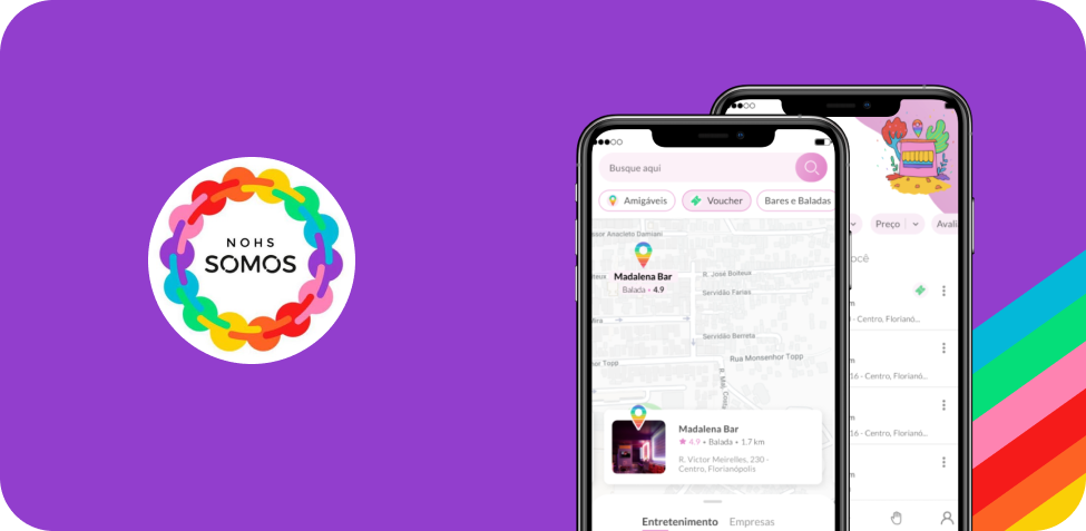 Nohs Somos app interface showing map-based safety features for LGBTQ community